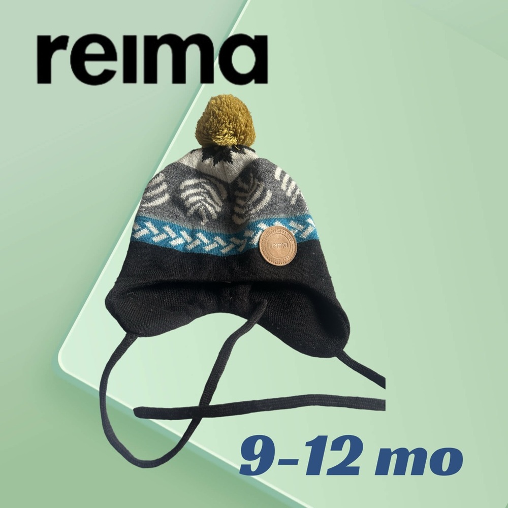 👍*GUC* REIMA | 9-12 mo | Wool Beanie with string & pompom black/aqua ❗️read